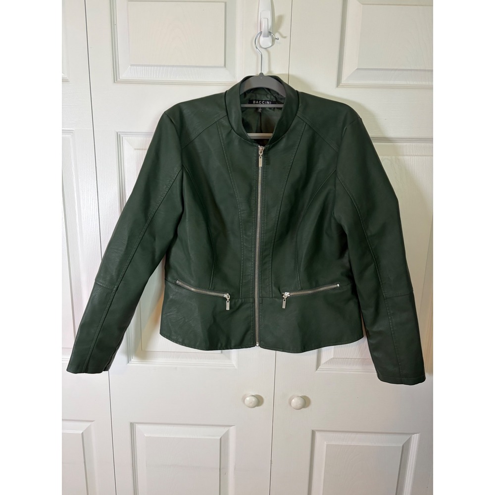 Baccini Women Forest Green Faux Leather Zip Up Jacket Mock Neck Size Large